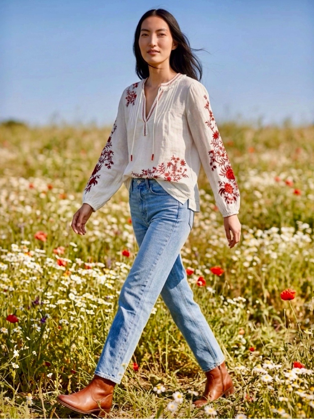 New! Sundance Geraldine Floral Embroidered Peasant Blouse